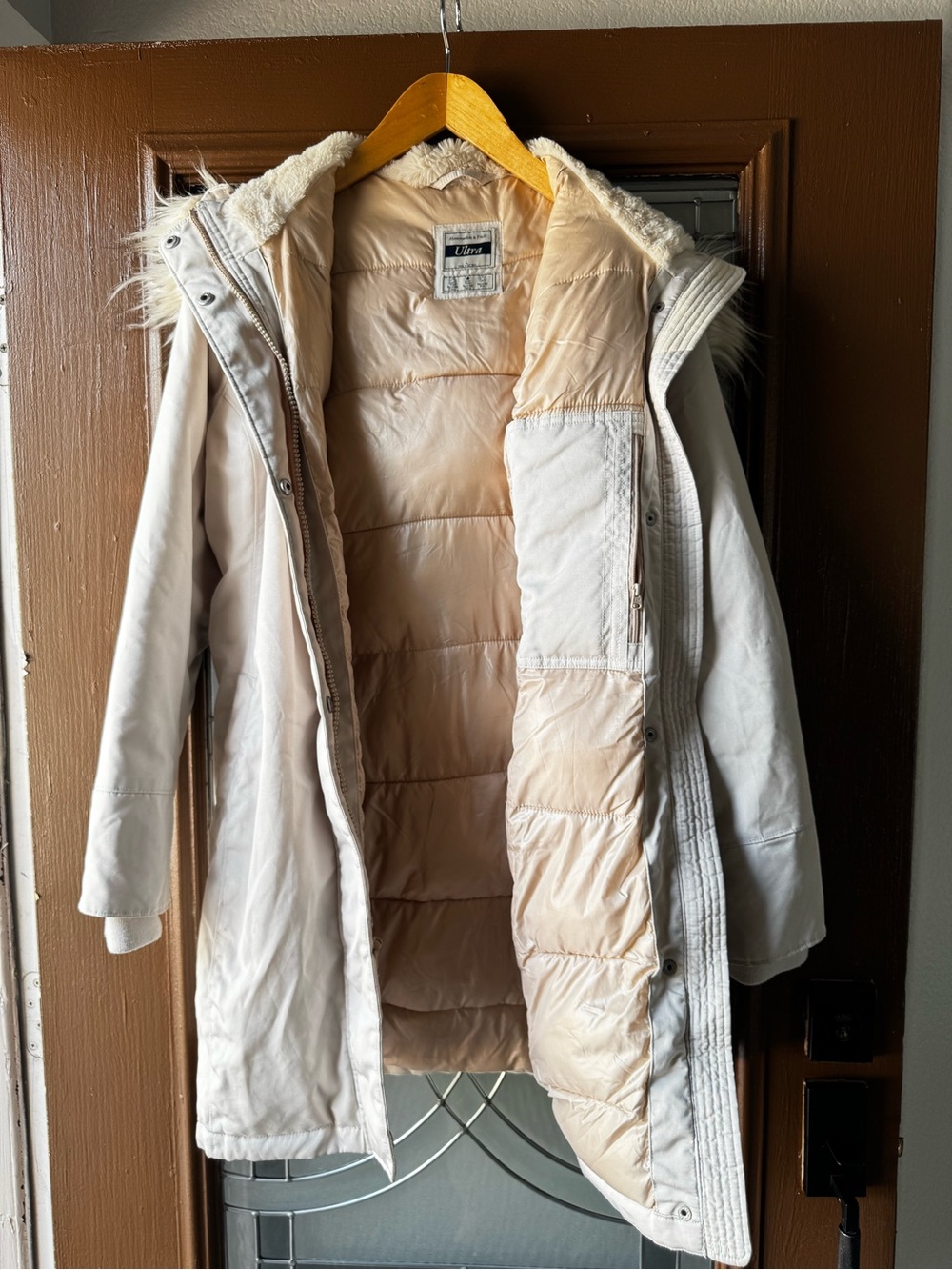 Abercrombie & Fitch Cream Puffer Coat with Faux Fur Trim
